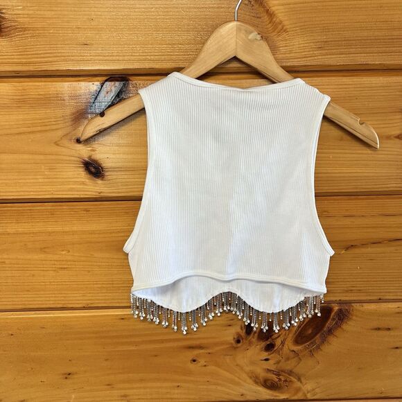 ZARA White Ribbed Knitted Tank Rhinestone Fringe Sleeveless Crop Top M-L  NWT - Picture 5 of 5